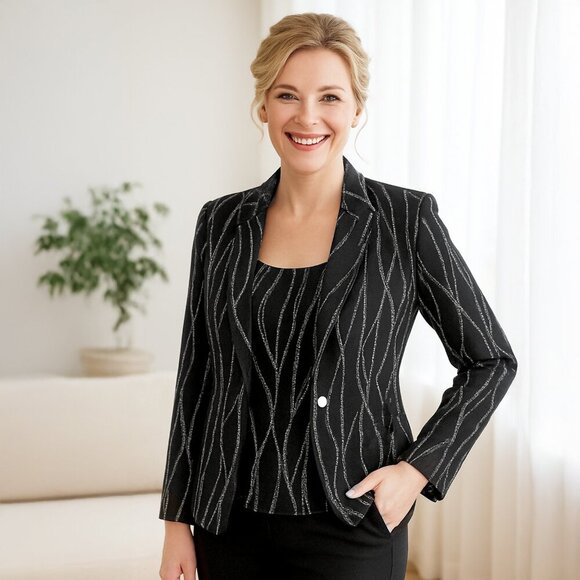 Tradition Jackets & Blazers - Vintage Traditions Glitter Jacket & Sleeveless Blouse Top Stretch Black Silver